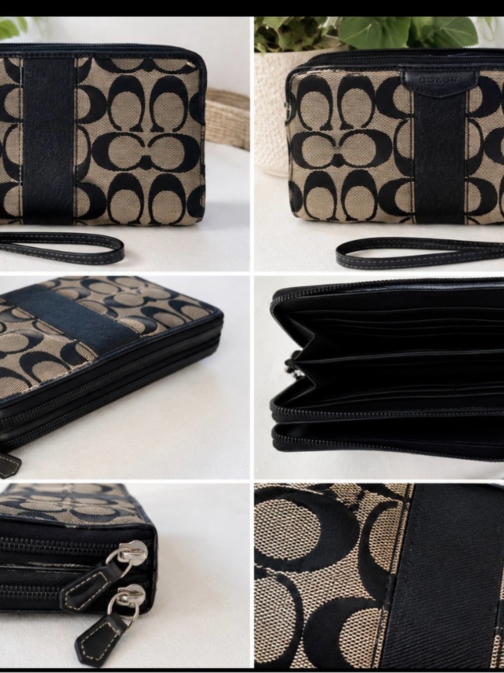 Coach Signature C Double Zip Wallet Wristlet Black & Tan